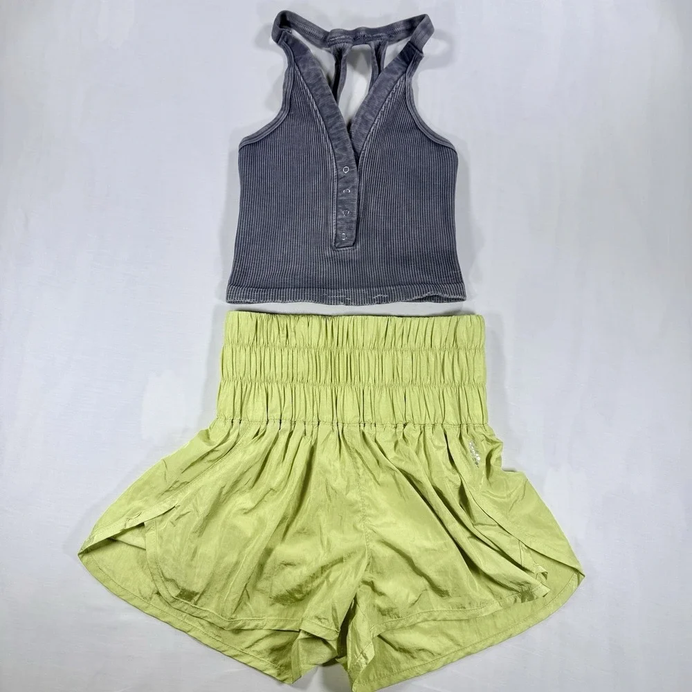 FP Movement 2-Piece Workout Set XS Grey Ribbed Crop Tank Pomelo Way Home Shorts
